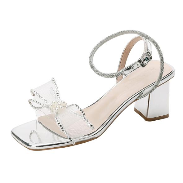 Silver Mesh Bow Block Heel Sandals  |  Womens Sandals Heels Heels