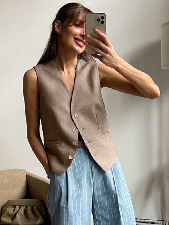 Stone Linen Blend Longline Waistcoat  |  Womens Waistcoats Clothing Waistcoats