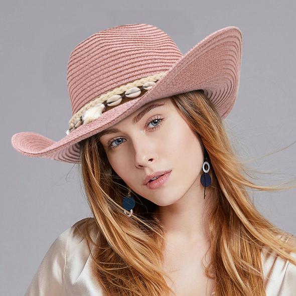 Stone Straw Effect Shell Trim Packable Fedora Hat  |  Womens Hats Accessories Hats