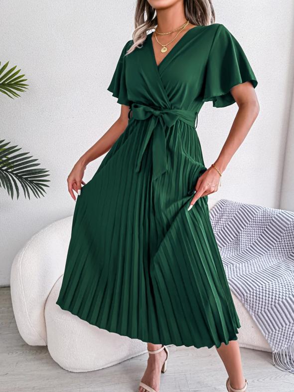 Tall Dark Green Satin Pleated Midi Dress  |  Womens Dresses Clothing Dresses