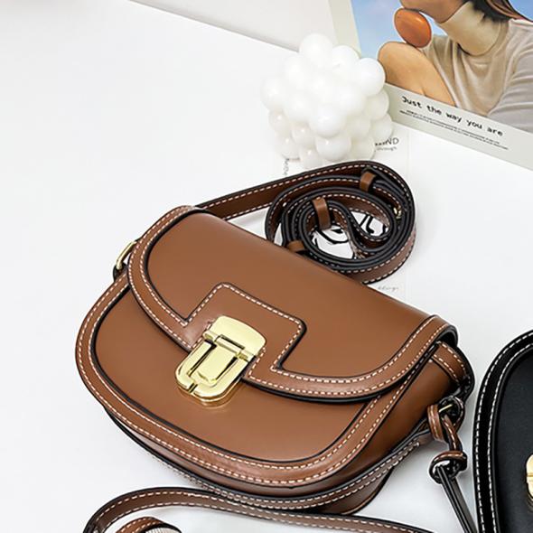 Tan Leather Look Top Stitch Crossbody Saddle Bag  |  Womens Bags Accessories Bags