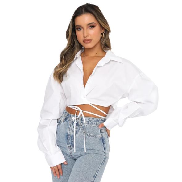 White Drawstring Hem Poplin Crop Shirt  |  Womens Shirts & Blouses Clothing Shirts & Blouses