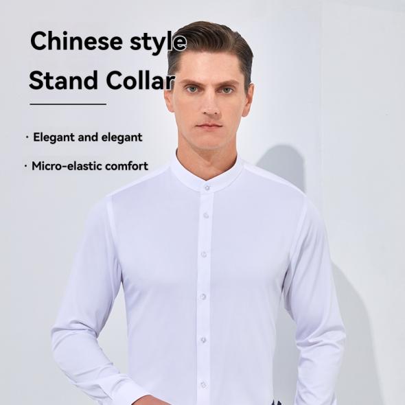 White Grandad Collar Long Sleeve Shirt  |  Mens Shirts Clothing Mens