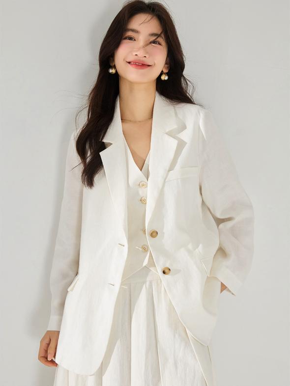 White Single Breasted Linen-Blend Blazer  |  Womens Blazers Blazers Blazers