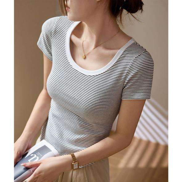 White Stripe Ribbed Scoop Neck T-Shirt  |  Womens Basics Basics Basics