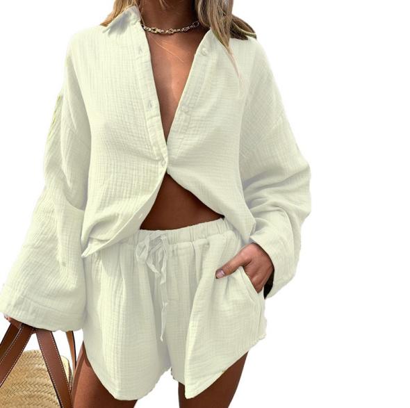 White Textured Long Sleeve Beach Shirt  |  Womens Swimwear & Beachwear Clothing Swimwear & Beachwear