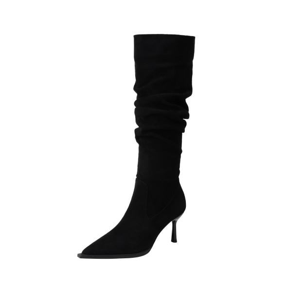 Wide Fit Black Ruched Suedette Knee High Boots  |  Womens Boots Boots Boots