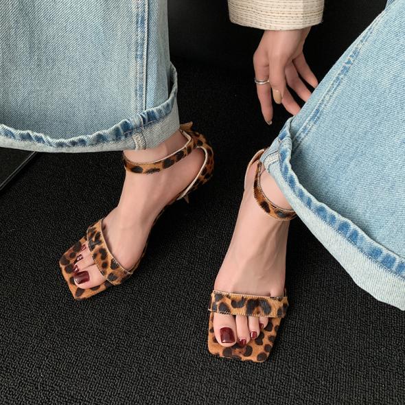 Wide Fit Stone Leopard-Print Block-Heel Sandals  |  Womens Sandals Heels Heels