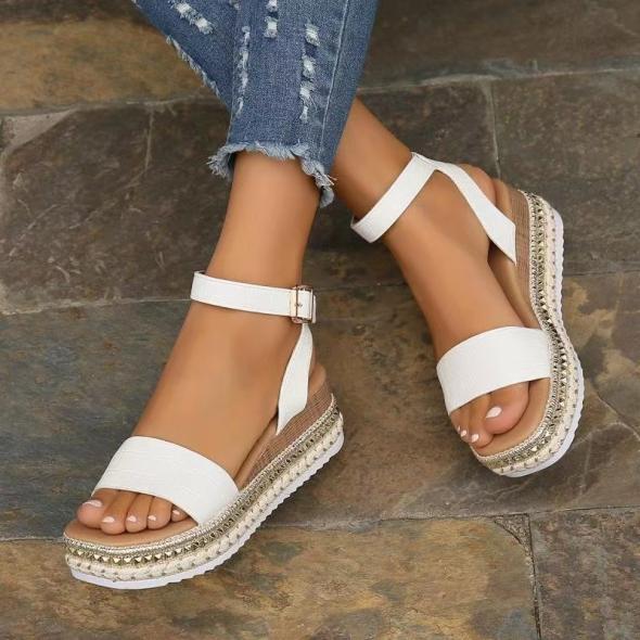 Wide Fit White Leather-Look 2 Part Gold Trim Sandals  |  Womens Sandals Sandals Sandals