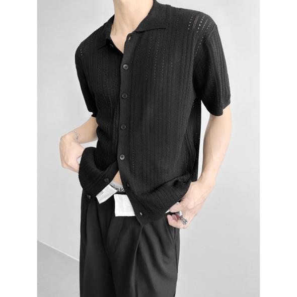 Black Ribbed Knit Button Front Relaxed Fit Shirt  |  Mens Jumpers & Cardigans Clothing Jumpers & Cardigans