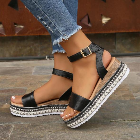 Black Leather-Look Embellished Flatform Sandals  |  Womens Sandals