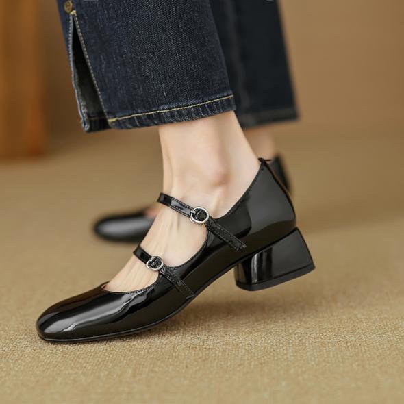 Black Patent Leather-Look Block Heel Mary Jane Shoes  |  Womens Heels Heels Heels